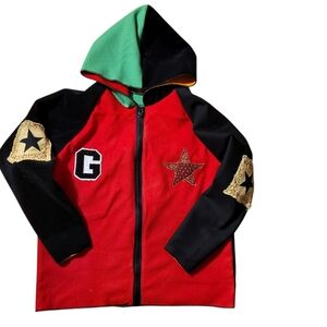 Red and Black Zip-Up Sweater with Star Patches